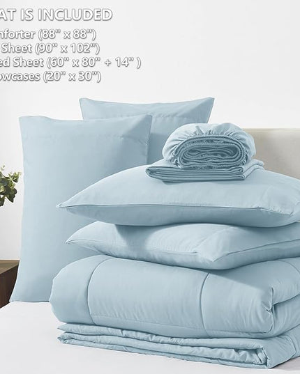 CozyLux Queen Comforter Set Light Blue, 7 Pieces Bed in a Bag, Blue Comforter Queen Size, All Season Bedding Sets with Stitch Quilted Comforter, Flat Sheet, Fitted Sheet, Pillowcases