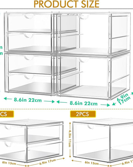 Acrylic Makeup Organizer, 4 Pack Drawer Organizer - Transparent Desktop Storage for Cosmetics, Office Supplies & More - Clear Organizers for Home & Office Use