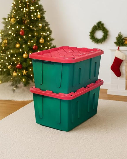 HOMZ 2-Pack Durabilt, Heavy Duty Plastic Storage Bins with Lids, 27 Gallon, Green/Red - Stackable Container Boxes for Holiday, Attic, and Garage Organization