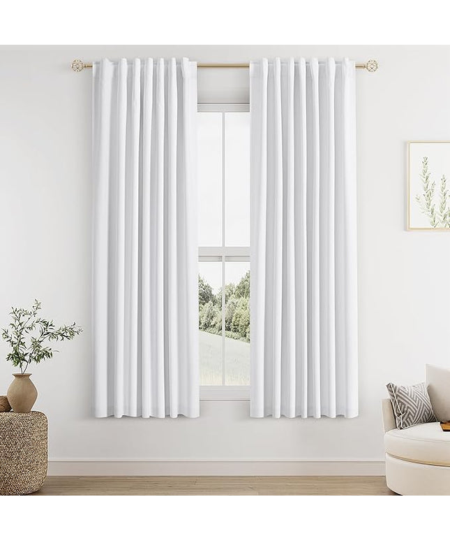 Guken White Linen Blackout Curtains 52 Inch Wide by 66 Inch for Living Room Bedroom Back Tab Thermal Insulated 100% Black Out Linen 2 Drapes Room Darkening Window Curtains Pure White