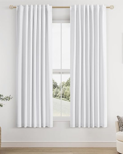 Guken White Linen Blackout Curtains 52 Inch Wide by 64 Inch for Living Room Bedroom Back Tab Thermal Insulated 100% Black Out Linen 2 Drapes Room Darkening Window Curtains Pure White