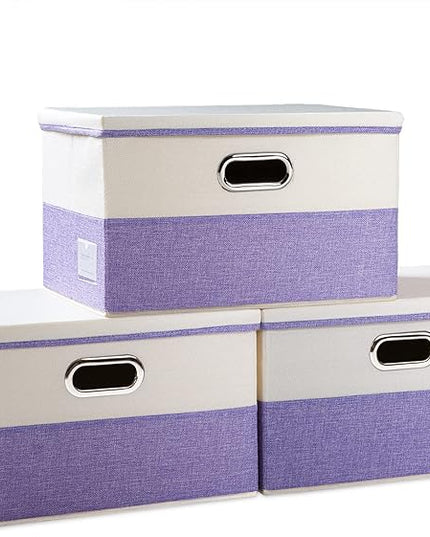PRANDOM Large Foldable Storage Bins with Lids [3-Pack] linen Fabric Decorative Storage Boxes Organizer Containers Baskets Cube with Handles Divider for Bedroom Closet Purple&Cream(17.7x11.8x11.8)