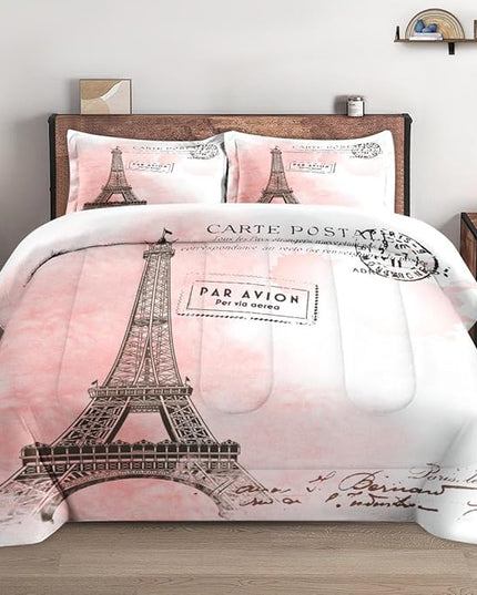 Twin Size Comforter Set with Pillowcase, Paris Eiffel Tower 2 Pcs Bedding for Kids and Adults, Beautiful Pink Place Soft Comforter Set for Bedroom Bed Decor