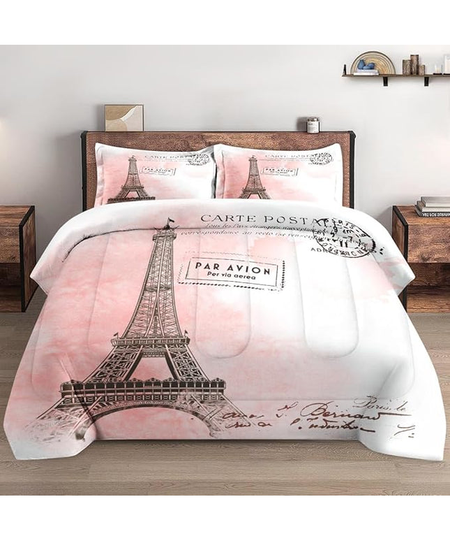 Twin Size Comforter Set with Pillowcase, Paris Eiffel Tower 2 Pcs Bedding for Kids and Adults, Beautiful Pink Place Soft Comforter Set for Bedroom Bed Decor