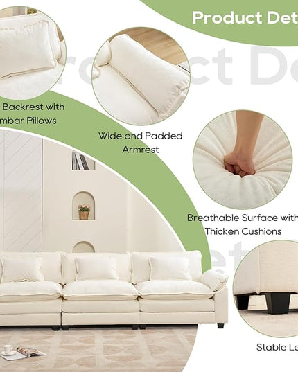 120" Modular Sectional Sofa, Comfy Cloud Couch Sectional Sofa, Chenille Sofa Sleeper Deep Seat Sofa with Throw Pillows for Living Room (Beige White, 120"- 3 Seater)