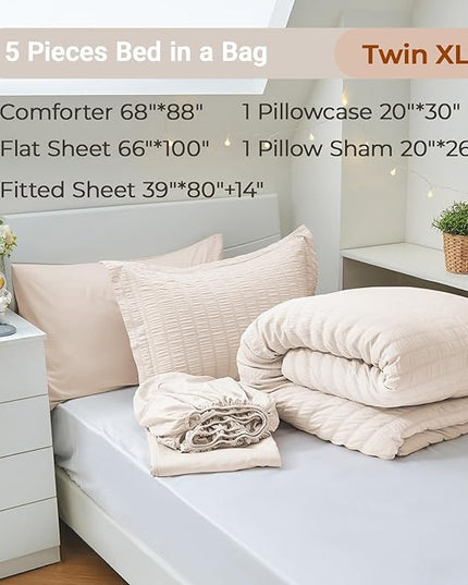 MUXHOMO 5 Pieces Twin XL Comforter Set, Seersucker Bed in a Bag Twin XL Size, All Season Luxury Bedding Set with Comforter, Flat Sheet, Fitted Sheet, Pillowcase & Sham, Beige