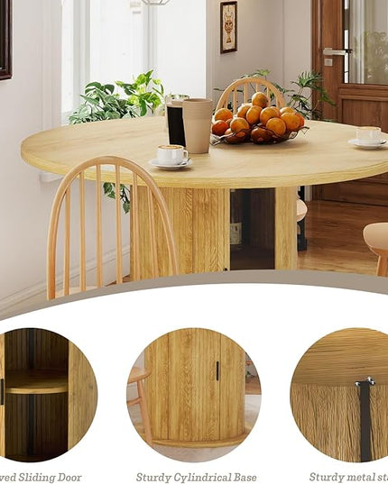 Round Table with Storage,47" Storage Kitchen Table for 4-6 People with Curved Sliding Door Fluted Wood Coffee Table Thickened Tabletop for Dining Room/Kitchen/Living Room,Light Oak Color