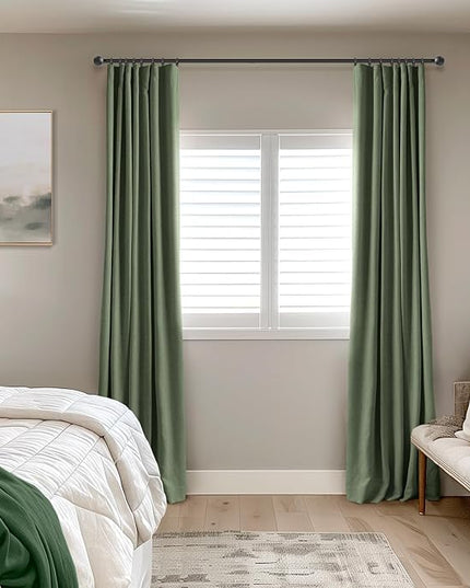INOVADAY 100% Blackout Curtains for Bedroom, Black Out Curtains 96 Inch Long, Clip Rings Linen Blackout Drapes, Thermal Insulated Room Darkening for Living Room, 2 Panels - Moss Green,W50xL96