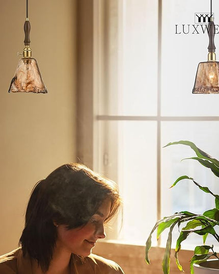 Modern Amber Glass Pendant Light, 4.33"x9.8" Hanging Fixture with Golden Wood Handle & Brass Cap, 15"-72" Adjustable Line, E26 Socket – Golden Amber Square