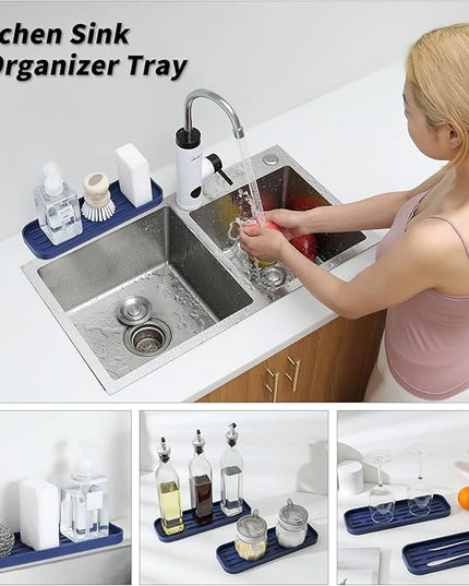 Silicone Kitchen Sink Organizer Tray for Multiple Usage,Eco-Friendly Sponges Holder for Kitchen Bathroom Counter or Sink,Dish Soap Dispenser,Scrubber,Bottle,Cup (Navy Blue, 12"×4")