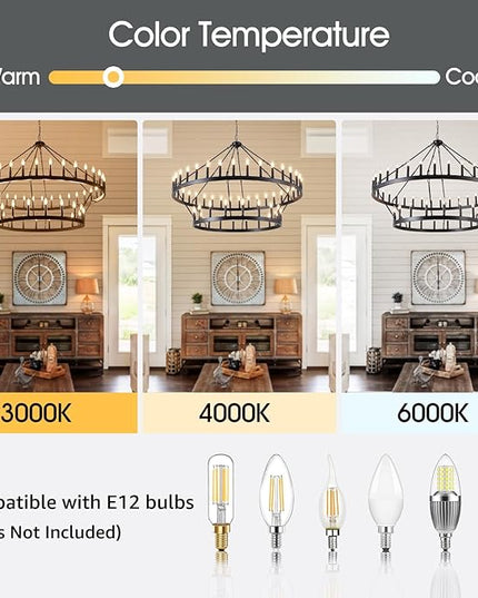 60-Inch Black Extra Large Wagon Wheel Chandelier, 2 Tier 54-Light Farmhouse Chandeliers Industrial Round High Ceiling Pendant Light for Dining Room, Living Room, Entryway, E12