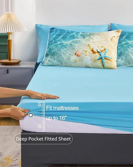 Bedbay Coastal Bedding King Size Beach Comforter Set with Sheet Blue Ocean Beach Themed Bedding Set King Bad in a Bag 8 Pcs Soft Microfiber Ocean Comforter All Season Bed Set (Ocean,King)