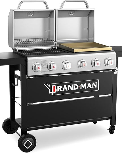 Brand-Man Griddle Grill Combo 6-Burner, 2 in 1 Versatile Propane Gas Grill and Griddle with Double Stainless Steel Lids, BBQ Combo for Outdoor Kitchen & Backyard Barbecue Cooking