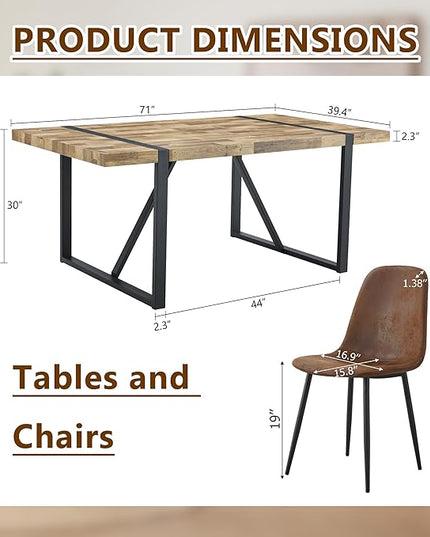 Dining Table Set for 6，Dinner Table Set for 6，71'' Kitchen Table and PU Leather Chairs Set of 6，6 Chair Dining Table Set for Kitchen Dining Room