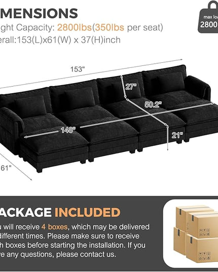 ELUCHANG Oversized 153" Modular Sectional Sofa, Comfy Deep Seat Cloud Couch, Sleeper Sofa Bed, 8 Seat Modern Couch with Removable Cover for Living Room, Apartment, DIY Combination, Chenille Black