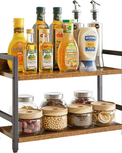 IBUYKE 2-Tier Spice Rack Industrial Counter Shelf Desktop Storage Organizer Standing Seasoning Rack for Countertop Kitchen Office Living Room Desktop Rustic Brown UTLJ002H