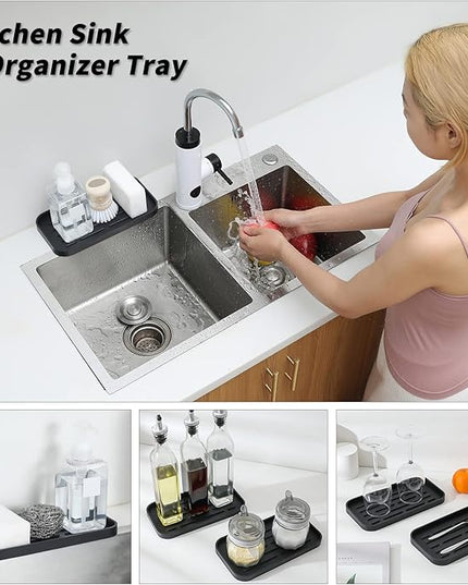 Silicone Kitchen Sink Organizer Tray for Multiple Usage,Eco-Friendly Sponges Holder for Kitchen Bathroom Counter or Sink,Dish Soap Dispenser,Scrubber,Bottle,Cup (Black, 10"×5.3")