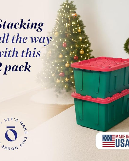 HOMZ 2-Pack Durabilt, Heavy Duty Plastic Storage Bins with Lids, 27 Gallon, Green/Red - Stackable Container Boxes for Holiday, Attic, and Garage Organization