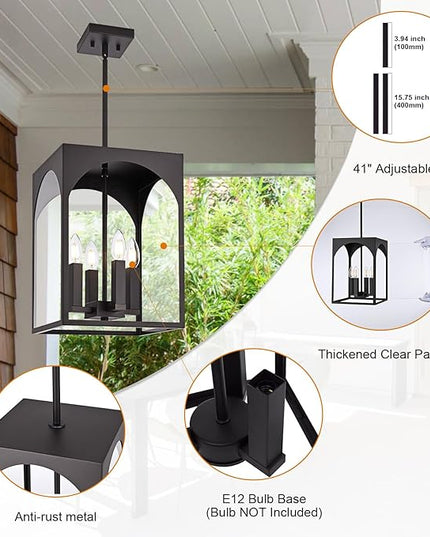 VINLUZ Outdoor 4 Light Pendant Lighting,Classic Outside Chandelier Exterior Hanging Lantern Light with Clear Glass Shade Oil Rubbed Bronze Finish for Porch, Yard, Gazebo