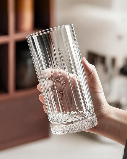 Ruckae Drinking Glasses Set of 8,15 oz and 7 oz Kitchen Water Glass Cups Set,Clear Ribbed Glassware Dishwasher Safe,Mixed Drinkware for Beer,Juice,Cocktail,Whiskey,Milk and Various Mixed Drinks