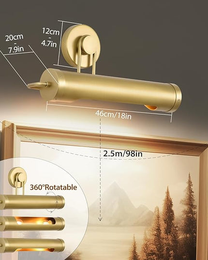 18in Picture Lights Hardwired Brass Picture Light, Gold Modern Picture Light for Wall, 360°Rotatable Art Light Gallery Lights, Wall Sconces for Painting Display Artwork Portrait