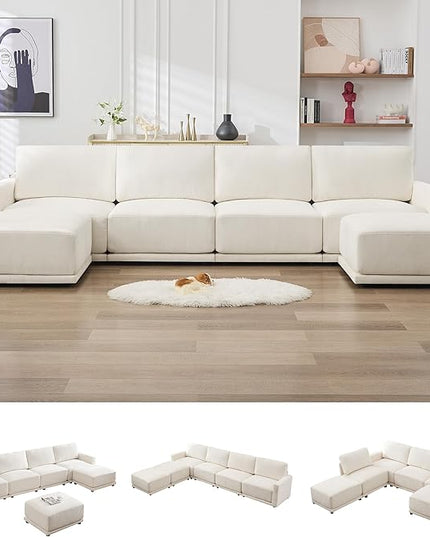 143.8" Modular Sectional Sofa Modern Chenille U Shaped Couch with Thickened Seat Cushions, Easy Assembly, Upholstered 6 Seater Couch with 2 Movable Ottomans for Living Room, White