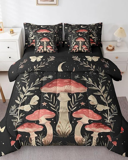 Feelyou Mushroom 7 Piece Bedding Set King Size Wild Fungus Comforter Set with Sheets for Kids Adult Botanical Plants Bed in a Bag Butterfly Bed Set