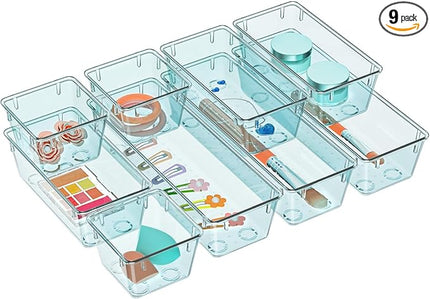 WOWBOX 9 Pack Clear Drawer Organizer Set, Acrylic Drawer Storage Trays, Storage Bins for Makeup, Cosmetics, Jewelries, Utensils, Gadgets, Office, Sea Blue