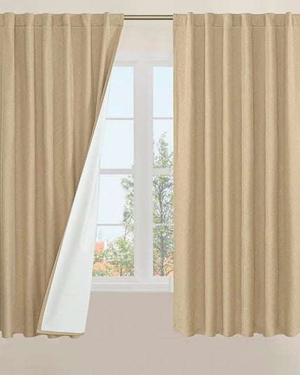 LAMIT Natural 100% Blackout Linen Curtains, 63 Inches Linen Textured Thermal Bedroom Curtains Back Tab and Rod Pocket Burlap Panels with White Liner for Farmhouse, 2 Panels, 52 x 63 Inch, Burlap