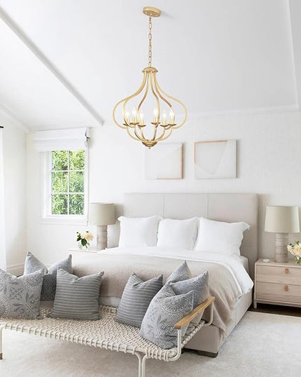 18‘’ Antique Gold Farmhouse Chandelier, 6 Light Dining Room Light Fixtures Modern Industrial Candle Pendant Lights Kitchen Island, Bedroom, Foyer, Living Room, Entryway