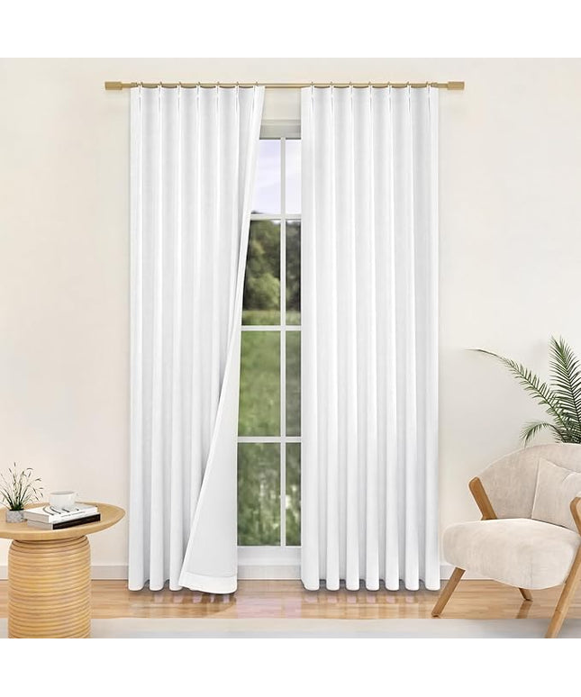 YZ HOME White Linen 100% Blackout Pinch Pleated Curtains 108 Inches Long 2 Pages for Living Room Back Tab Thermal Insulated Black Out Drapes Living Room High Ceiling Length 9 Ft