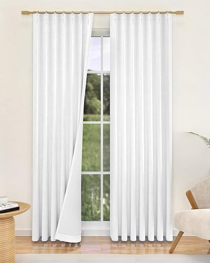 YZ HOME White Pinch Pleated 100% Blackout Curtains 95 Inches Long Linen Room Darkening Window Curtains for Living Dining Room Bedroom Thermal Insulated Pinch Pleat Double Layer Drapes with Hooks