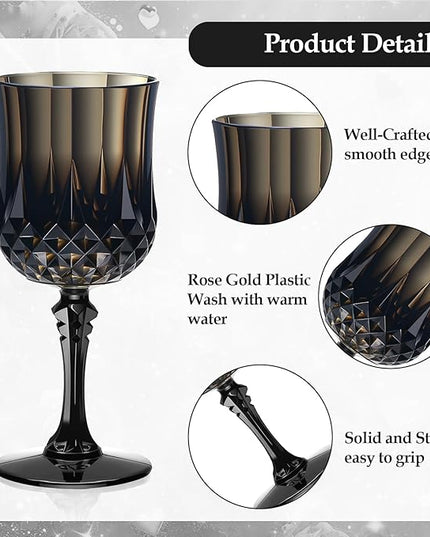 XUWAIDSGN 7oz Plastic Vintage Wine Glasses Drinking Glasses Unbreakable Wedding Glassware Crystal Water Goblets Reusable Drinkware Vintage Champagne Flutes (24, Black)