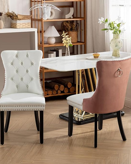SoarFlash Leather Dining Chairs Set of 2, Tall Back Side Chair, Modern Upholstered Side Chair with Button Back Ring, Solid Wood Legs (Pink&White)