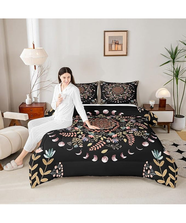 Sun and Moon Kids Comforter Set Twin Size,Mandala Flowers Leaves Boho Exotic Bedding Set,Boys Girls Adults Room Decor,Starry Sky Datura Trippy Down Comforter,Colorful Duvet Insert,1 Pillowcase