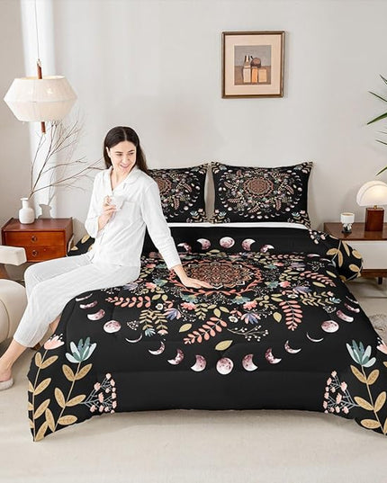 Sun and Moon Kids Comforter Set Queen Size,Mandala Flowers Leaves Boho Exotic Bedding Set,Boys Girls Adults Room Decor,Starry Sky Datura Trippy Down Comforter,Colorful Duvet Insert,2 Pillowcases