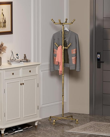 Industrial Coat Rack, Metal Pipe Coat Rack Stand Freestanding with 6 Hooks, Heavy Duty Coat Tree Sturdy Coat Racks for Entryway, Hallway, Bedroom (Vintage gold)