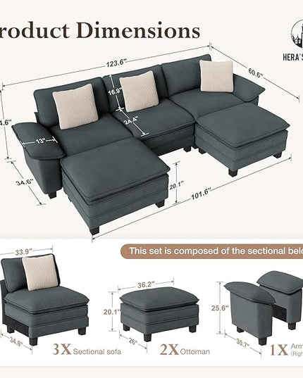 HERA'S HOUSE 124" Modular Sectional Sofa, Oversized U Shaped Couches for Living Room, Comfy Cloud Couch with Ottoman, 5-Seater Deep Seat Sofa with Throw Pillow, Chenille Blue