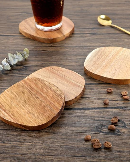 Acacia Wood Coasters Set of 4, 3.93 Inch Unique Shaped Non-Slip Wooden Coasters Without Holder for Wooden Coffee Table for Cups, Mugs, and Glasses