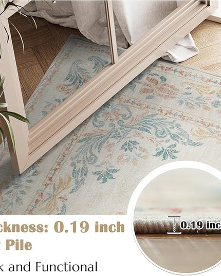 jinchan Floral 4x6 Area Rugs for Nursery - Machine Washable Vintage Distressed Design Soft Ultra-Thin Low-Pile Non-Slip Kids Carpet for Bedroom Living Room Dining Room Home Office (4x6ft, Apricot)