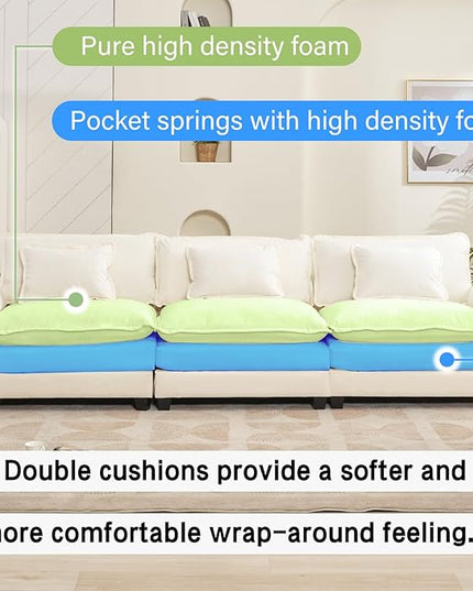 120" Modular Sectional Sofa, Comfy Cloud Couch Sectional Sofa, Chenille Sofa Sleeper Deep Seat Sofa with Throw Pillows for Living Room (Beige White, 120"- 3 Seater)