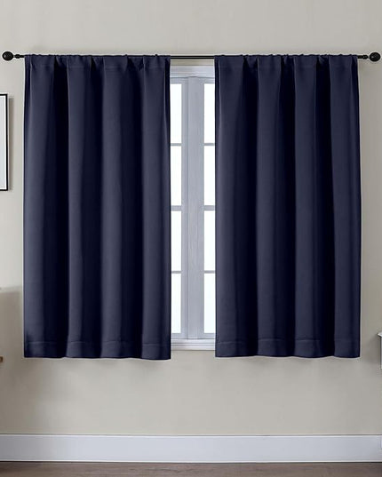 Gwine Blackout Curtains for Bedroom 45 Inch Length, Thermal Insulated Room Darkening Short Curtains, Rod Pocket Drapes for Bathroom Basement Patio Cabinet, Each 40" Wx45 L, Navy Blue