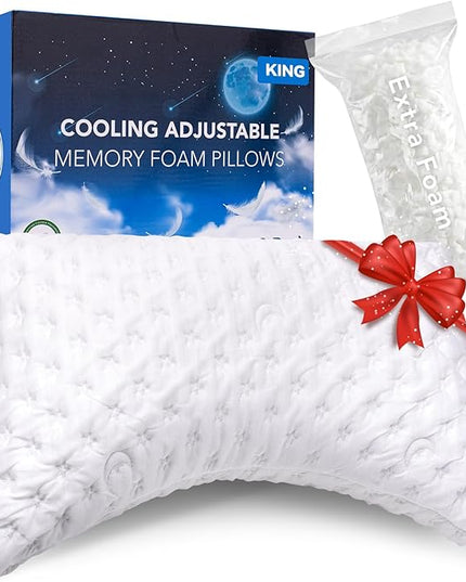 Cooling Side Sleeper Pillow for Neck and Shoulder Pain, Luxury Shredded Memory Foam Curved Bed Pillows for Sleeping Set of 1- Adjustable King Size- Washable Cover Crescent White