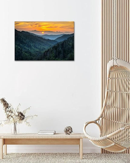 SKASNFAI Forest Sunrise Wall Art Decor Great Smoky Mountains Photo Prints National Park Landscape Canvas Painting Artwork Framed for Bedroom Living Room (20x30 inch)