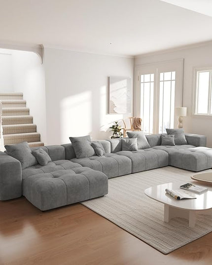 JACH 183.5 Inch U-Shaped Modular Sectional Sofas, Modern 4-Seater Couch with Chaise Ottomans, Mid Century Modern Sectional Couches, Cozy Sleeper Sofa for Living Room (Linen Fabric, Grey)