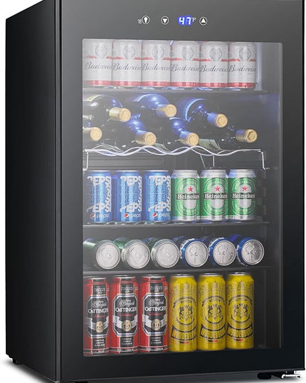 37 Bottle Wine Fridge,Freestanding 145 Can Beverage Refrigerator with Smart Temperature Control，4.5 CU FT Quiet Mini Fridge with Child Lock Panel for Family Restaurant Bar, Black