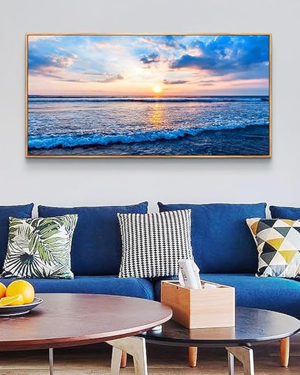 Wapluam Large Canvas Wall Art For Living Room Wall Decor For Office Blue Beach Painting Ocean Sea Waves Wood Framed Wall Pictures Ready To Hang Bedroom Home Decorations Prints Posters Mural Artwork