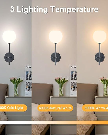 Black Battery Operated Wall Sconces Set of 2, Rechargeable Wireless Wall Lights with Milky White Frosted Glass Shade, 12 RGB and 3CCT Dimmable, Wall Lamps with Remote for Bedroom Living Room Hallway