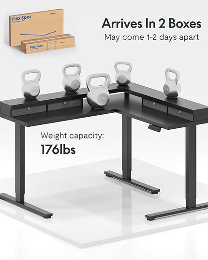 FLEXISPOT 71" Large L Shaped Standing Desk Electric Corner Table with Shelf, 4 Storage Drawers, Adjustable Computer Workstation for Home, Office, Game, Studio, Black Top + Black Frame