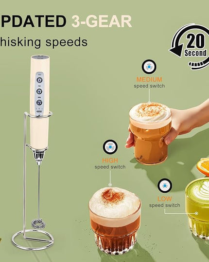 YUSWKO Beige Handheld Milk Frother Wand with Stand for Coffee, Rechargeable Electric Whisk with 3 Heads 3 Speeds Drink Mixer Coffee Frother For Latte, Cappuccino, Hot Chocolate, Egg